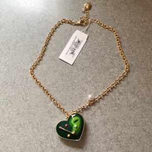 Betsey Johnson Gold Tone & Green Felt Heart Pendant Necklace Golf Accents NWT